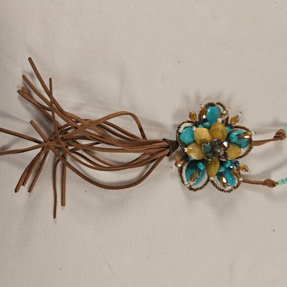 Handcrafted Leather Beaded Necklace With Turquoise Yellow Floral Pendant Tassel - Picture 2 of 8